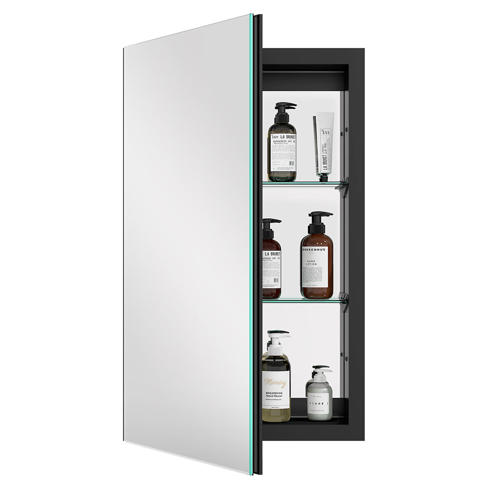 16"x26" Mirrored Medicine Cabinet for Bathroom Recessed or Surface Mount, Black Aluminum