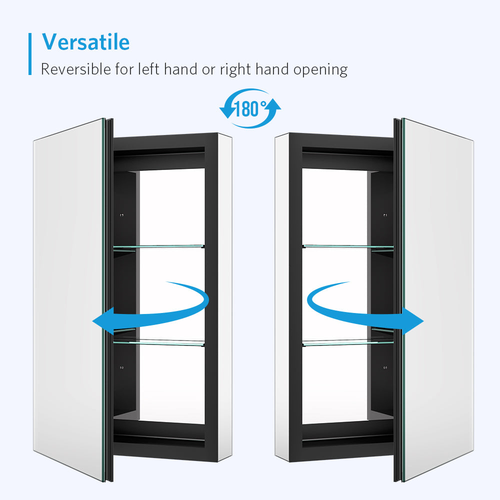 16"x26" Mirrored Medicine Cabinet for Bathroom Recessed or Surface Mount, Black Aluminum