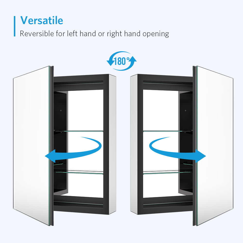 20"x26" Mirrored Medicine Cabinet for Bathroom Recessed or Surface Mount, Black Aluminum