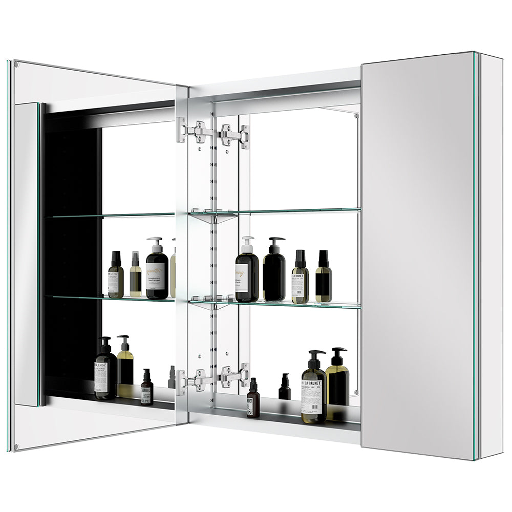 30"x30" Mirrored Medicine Cabinet for Bathroom 2 Door Recessed or Surface Mount, Silver Aluminum