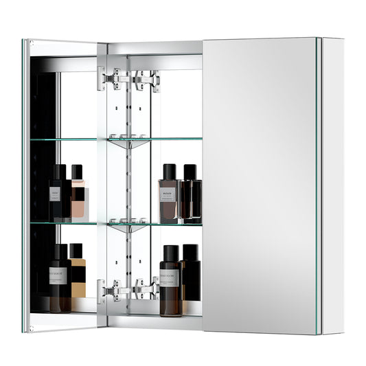 24"x26" Mirrored Medicine Cabinet for Bathroom 2 Door Recessed or Surface Mount, Silver Aluminum