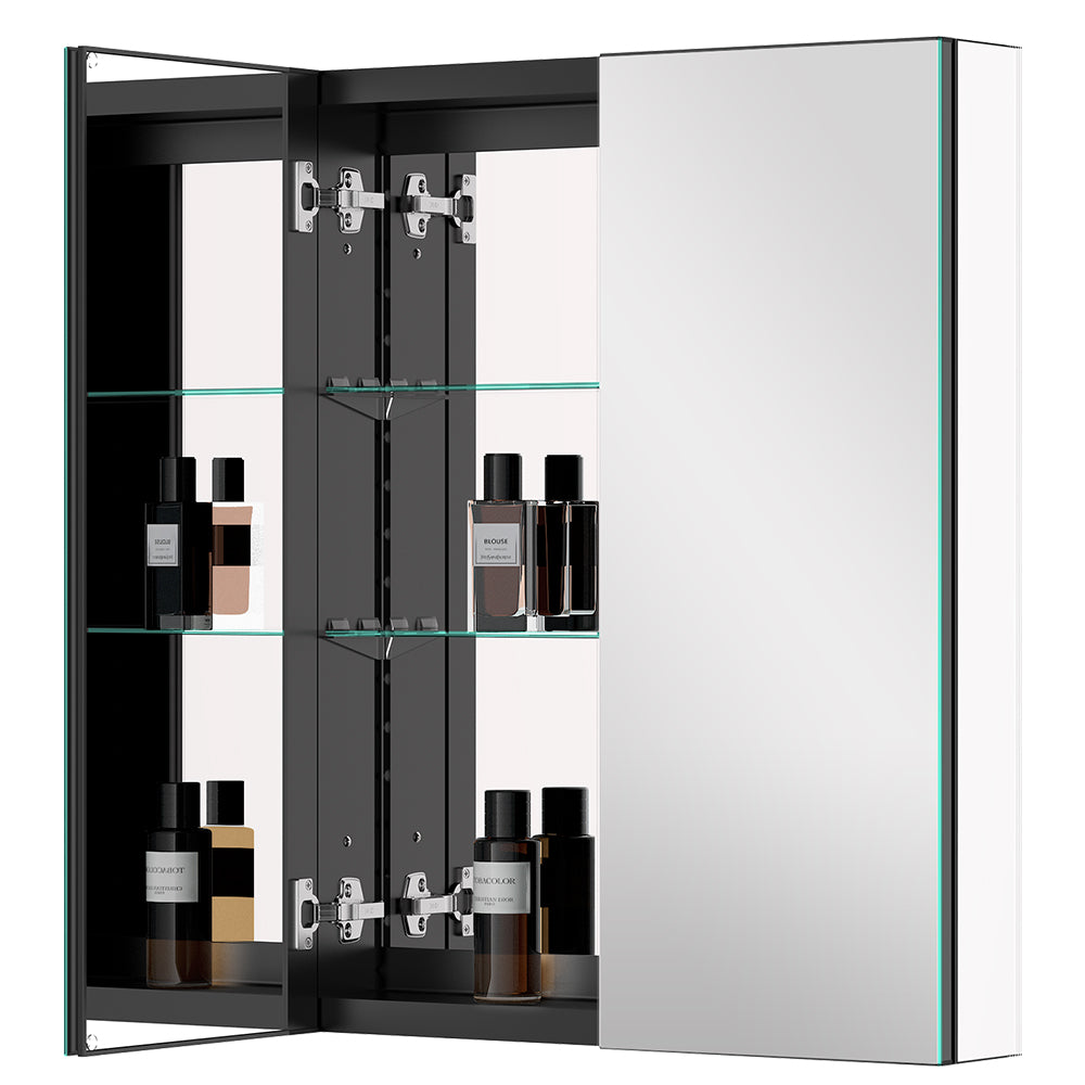 24"x30" Mirrored Medicine Cabinet for Bathroom 2 Door Recessed or Surface Mount, Black Aluminum