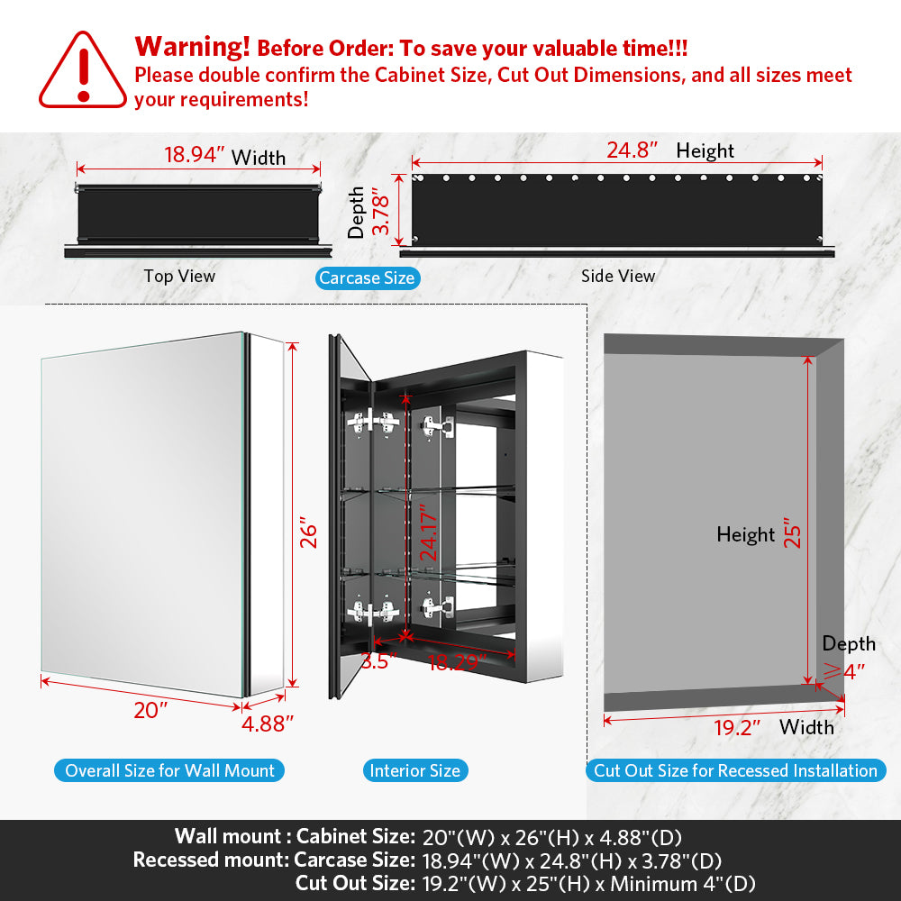 20"x26" Mirrored Medicine Cabinet for Bathroom Recessed or Surface Mount, Black Aluminum