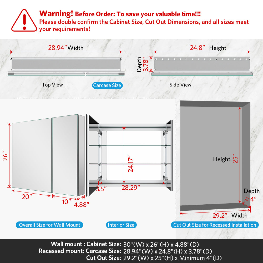 30"x26" Mirrored Medicine Cabinet for Bathroom 2 Door Recessed or Surface Mount, Silver Aluminum
