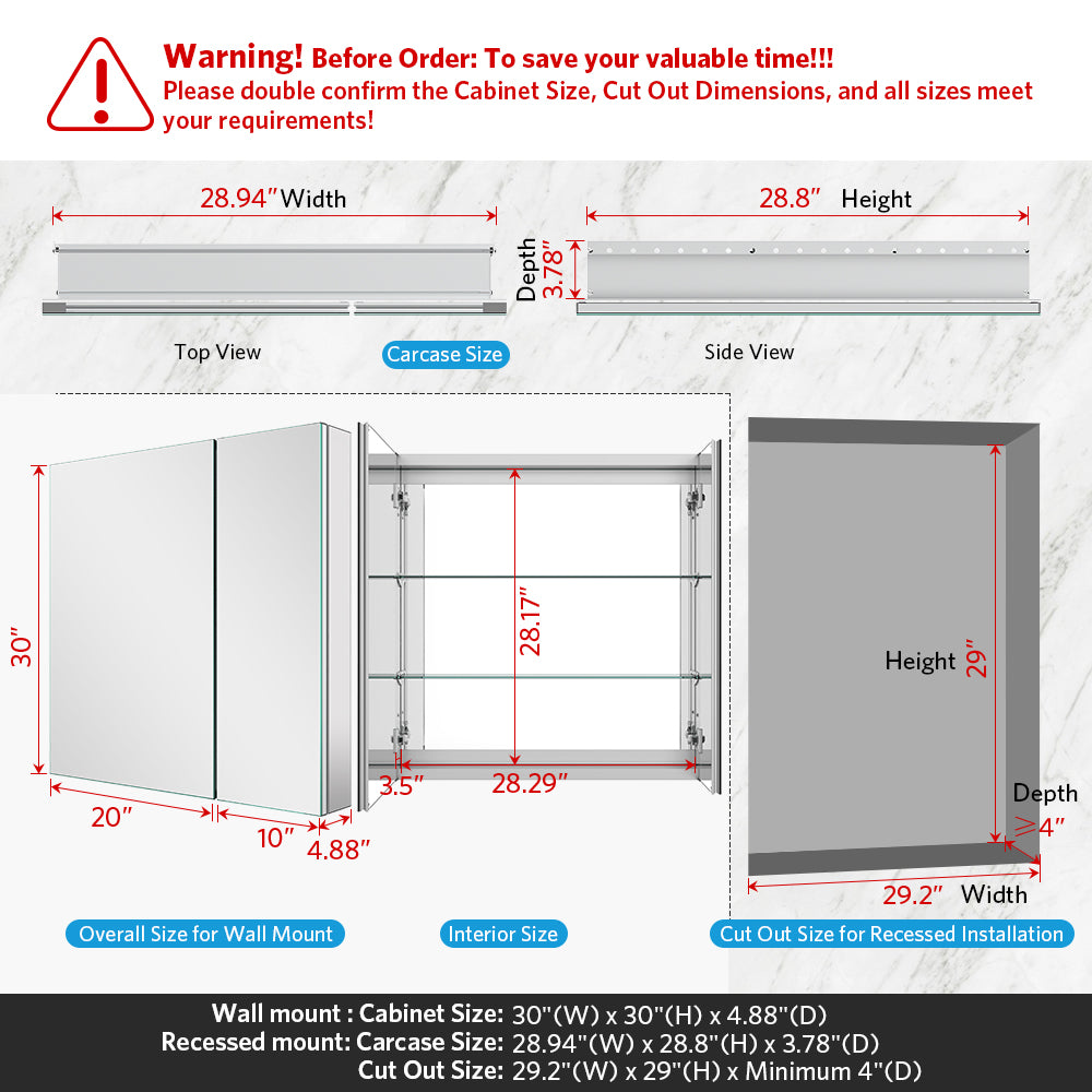 30"x30" Mirrored Medicine Cabinet for Bathroom 2 Door Recessed or Surface Mount, Silver Aluminum