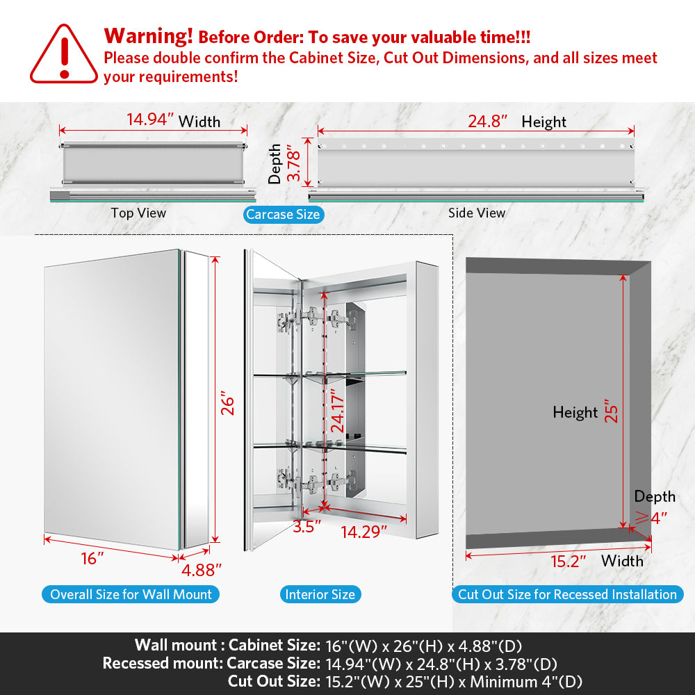 16"x26" Mirrored Medicine Cabinet for Bathroom Recessed or Surface Mount, Silver Aluminum
