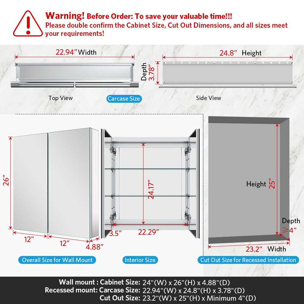 24"x26" Mirrored Medicine Cabinet for Bathroom 2 Door Recessed or Surface Mount, Silver Aluminum