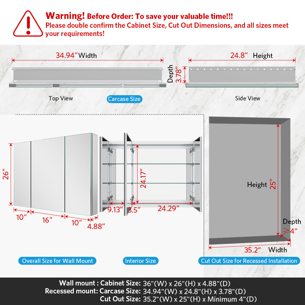 36"x26" Mirrored Medicine Cabinet for Bathroom 3 Door Recessed or Surface Mount, Silver Aluminum