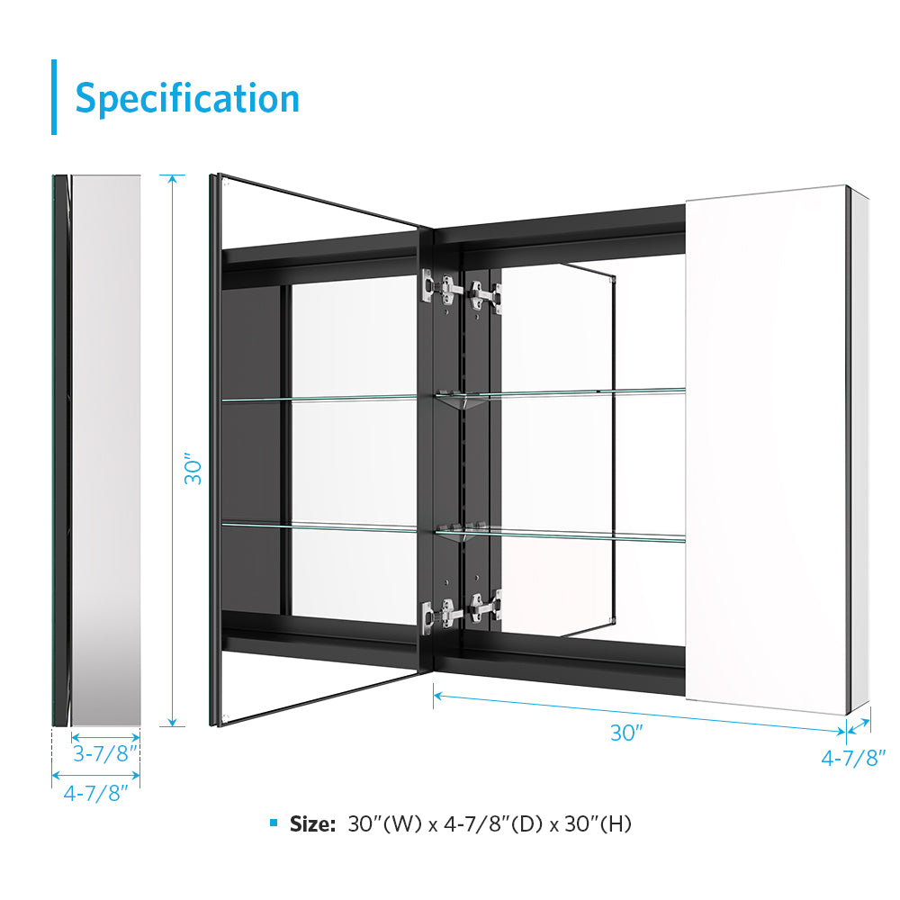 30"x30" Mirrored Medicine Cabinet for Bathroom 2 Door Recessed or Surface Mount, Black Aluminum