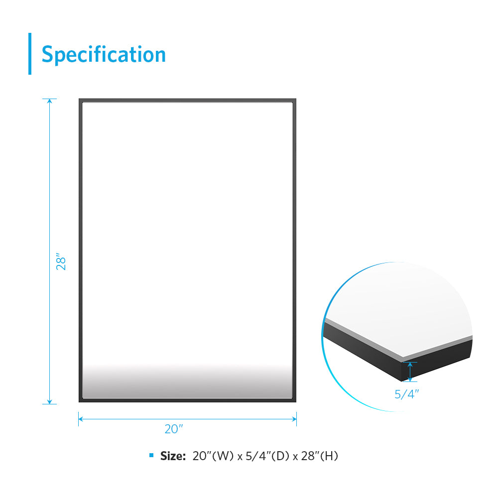 20"x28" Metal Framed Mirror for Bathroom Wall Vanity Mirror Black Aluminum Horizontally or Vertically