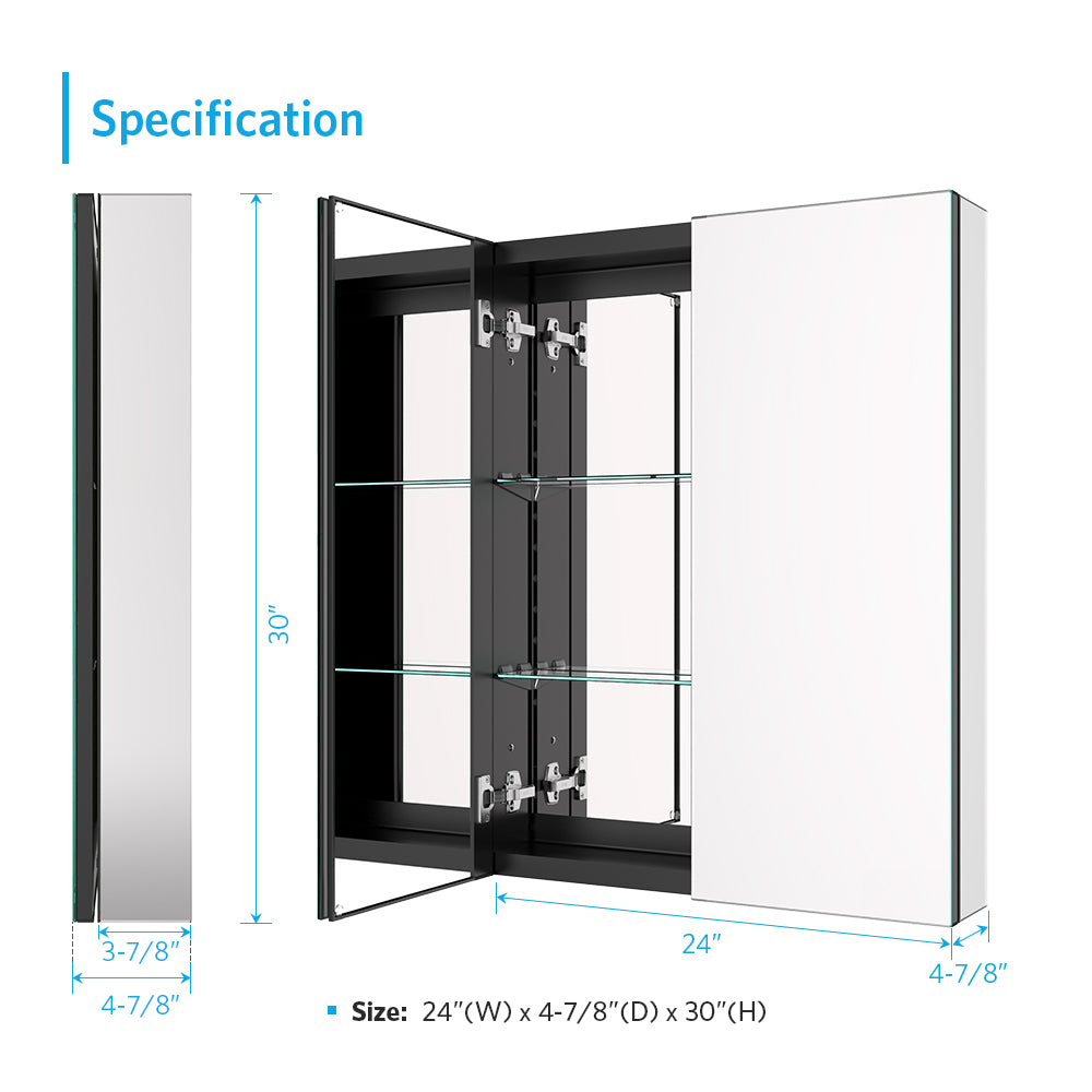24"x30" Mirrored Medicine Cabinet for Bathroom 2 Door Recessed or Surface Mount, Black Aluminum