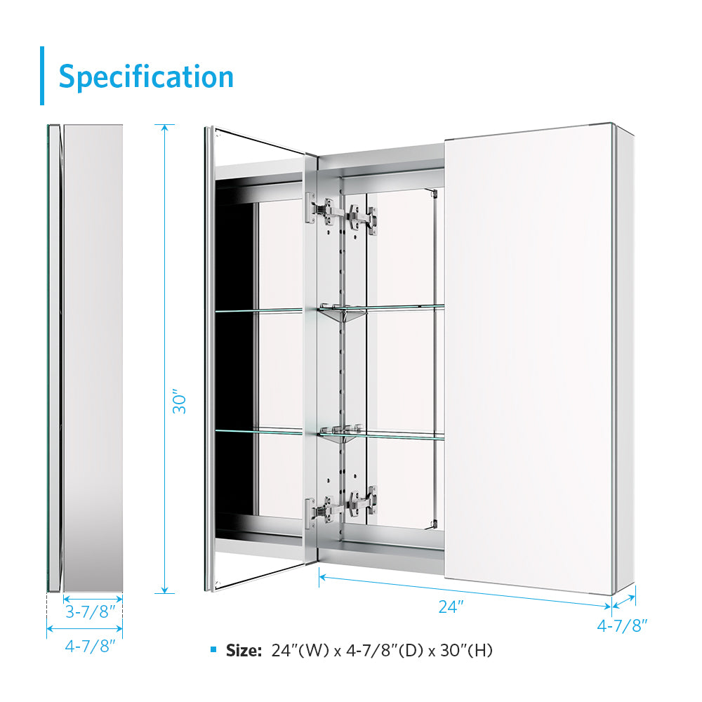 24"x30" Mirrored Medicine Cabinet for Bathroom 2 Door Recessed or Surface Mount, Silver Aluminum