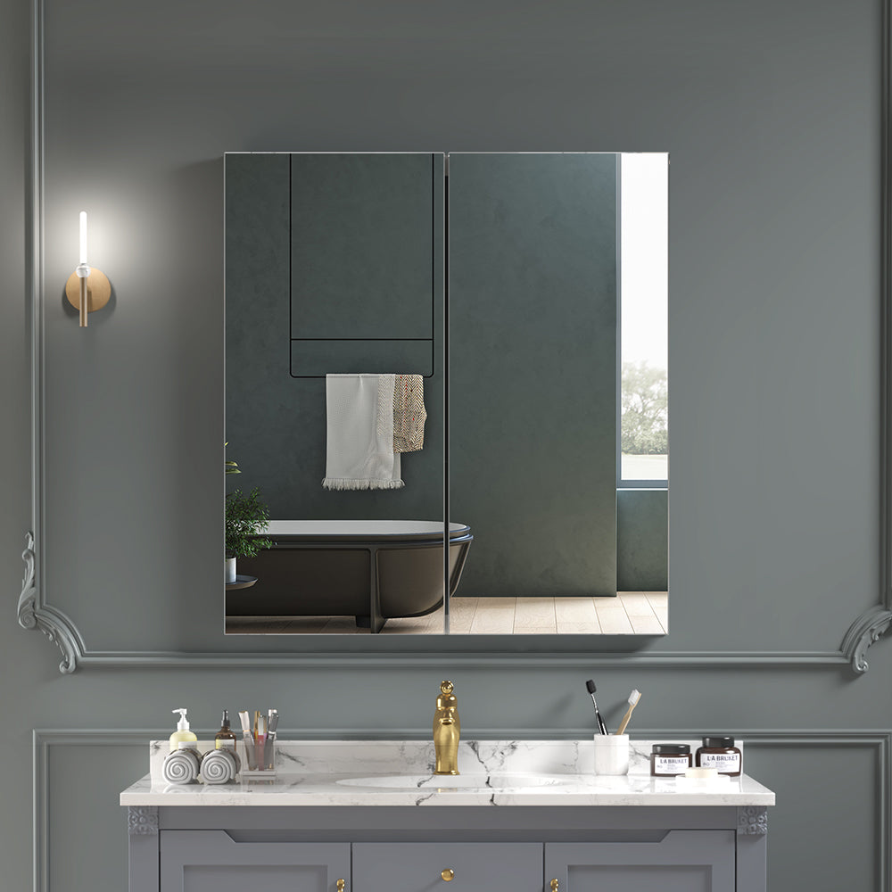 24"x26" Mirrored Medicine Cabinet for Bathroom 2 Door Recessed or Surface Mount, Silver Aluminum