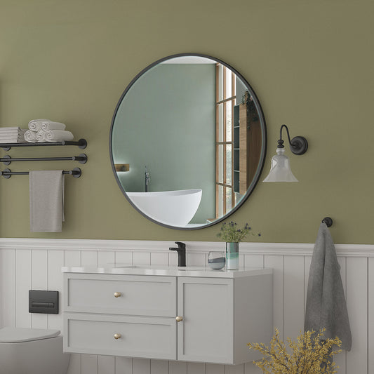 30" Metal Framed Mirror for Bathroom Wall Vanity Black Aluminum Round Mirror