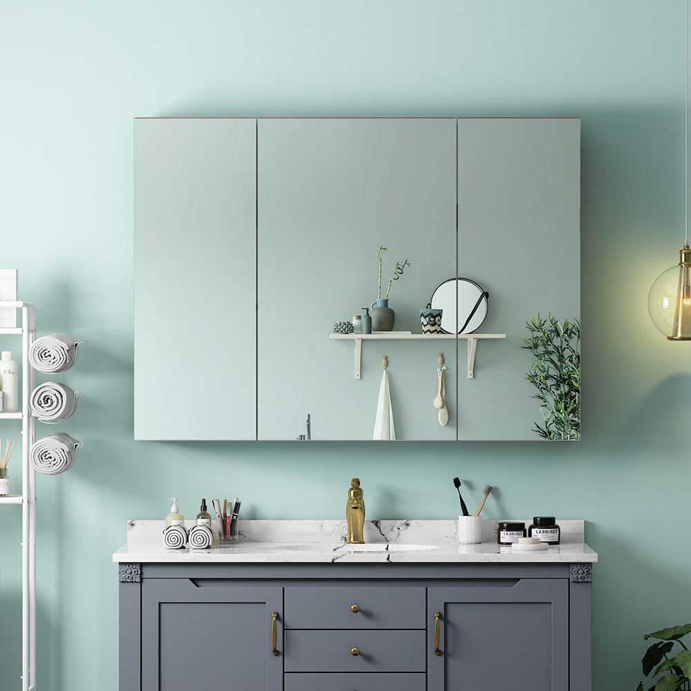 36"x26" Mirrored Medicine Cabinet for Bathroom 3 Door Recessed or Surface Mount, Silver Aluminum