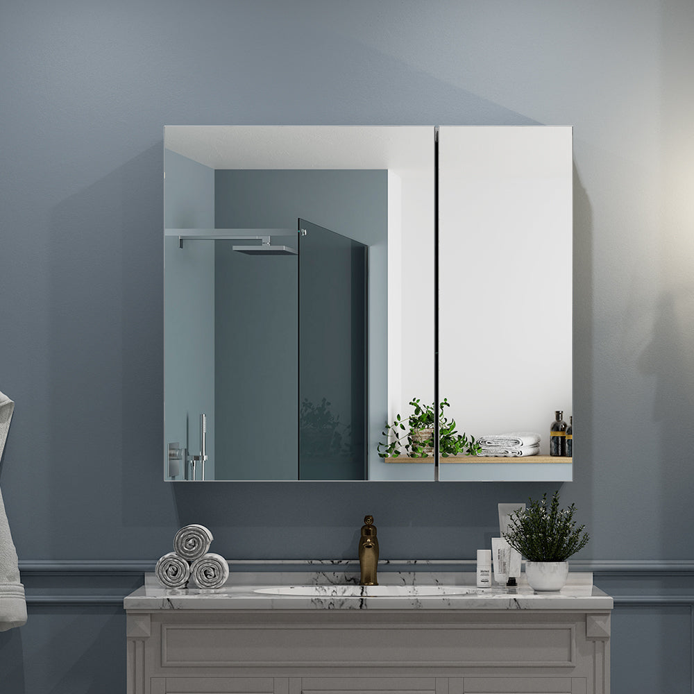 30"x26" Mirrored Medicine Cabinet for Bathroom 2 Door Recessed or Surface Mount, Silver Aluminum
