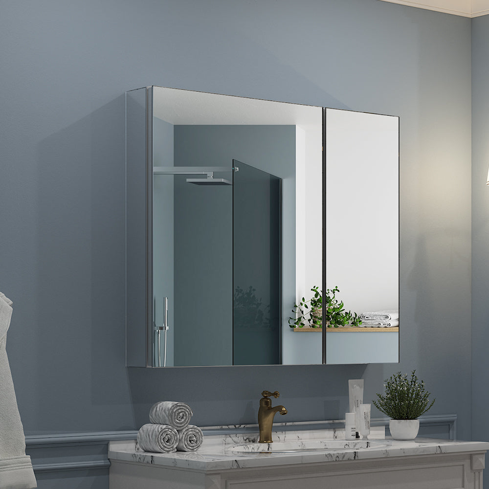 30"x26" Mirrored Medicine Cabinet for Bathroom 2 Door Recessed or Surface Mount, Silver Aluminum