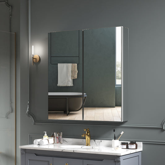 24"x26" Mirrored Medicine Cabinet for Bathroom 2 Door Recessed or Surface Mount, Silver Aluminum
