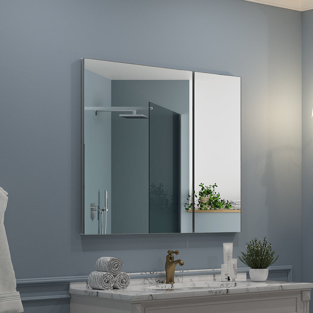 30"x26" Mirrored Medicine Cabinet for Bathroom 2 Door Recessed or Surface Mount, Silver Aluminum