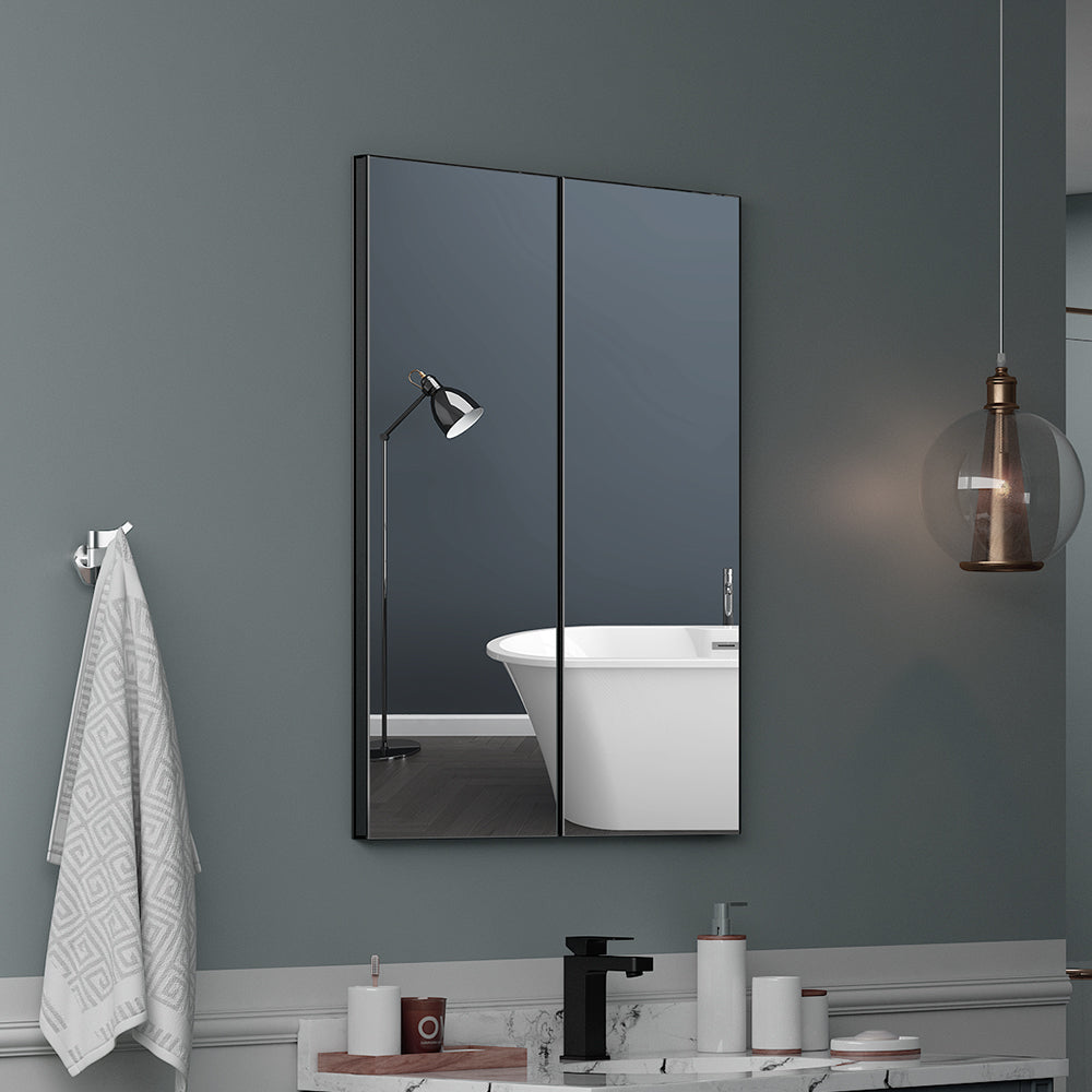 24"x30" Mirrored Medicine Cabinet for Bathroom 2 Door Recessed or Surface Mount, Black Aluminum