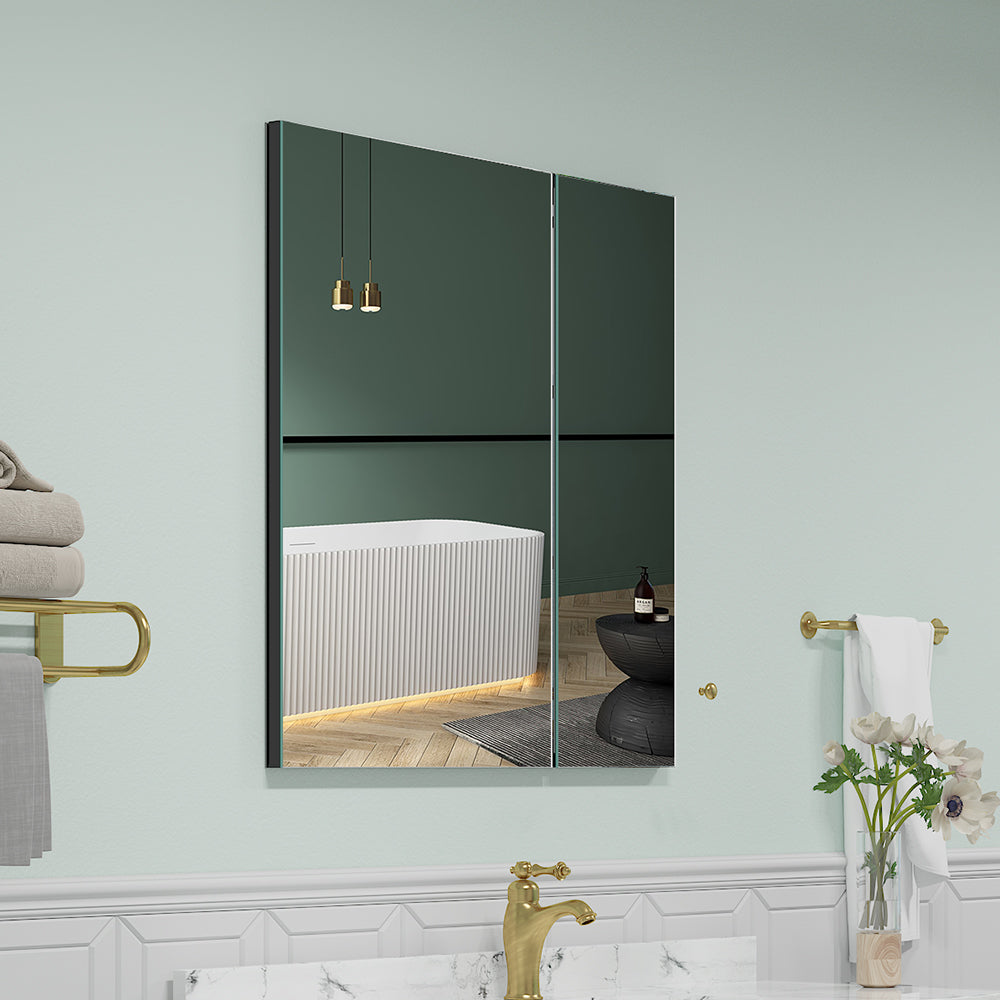 30"x30" Mirrored Medicine Cabinet for Bathroom 2 Door Recessed or Surface Mount, Black Aluminum