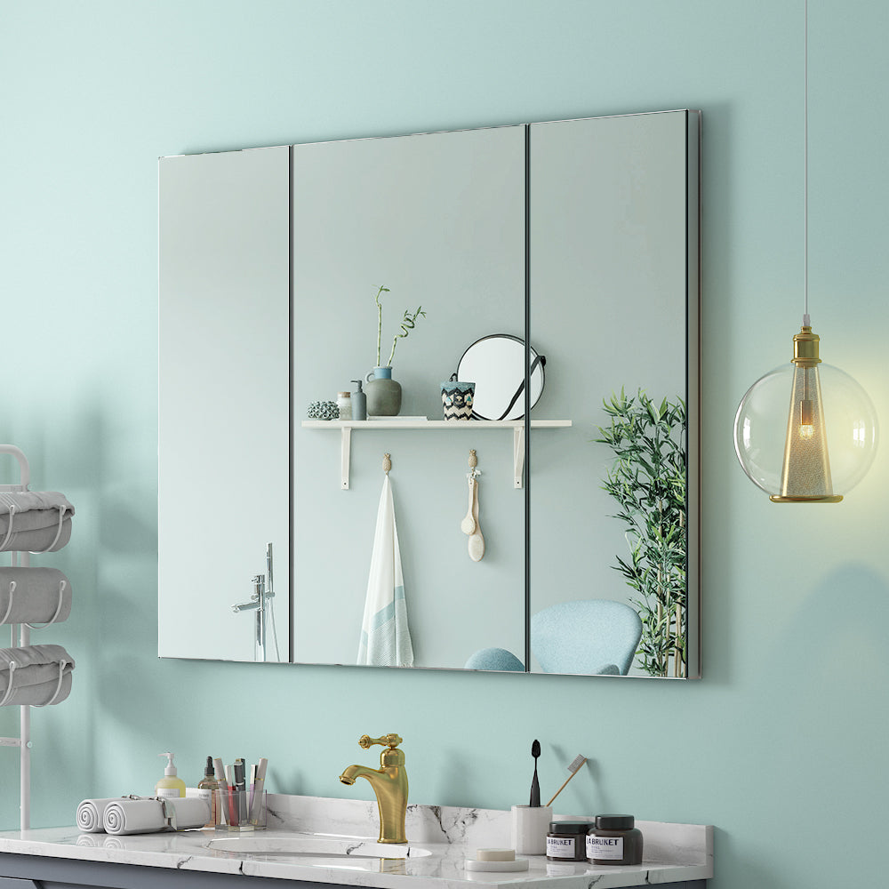 36"x26" Mirrored Medicine Cabinet for Bathroom 3 Door Recessed or Surface Mount, Silver Aluminum