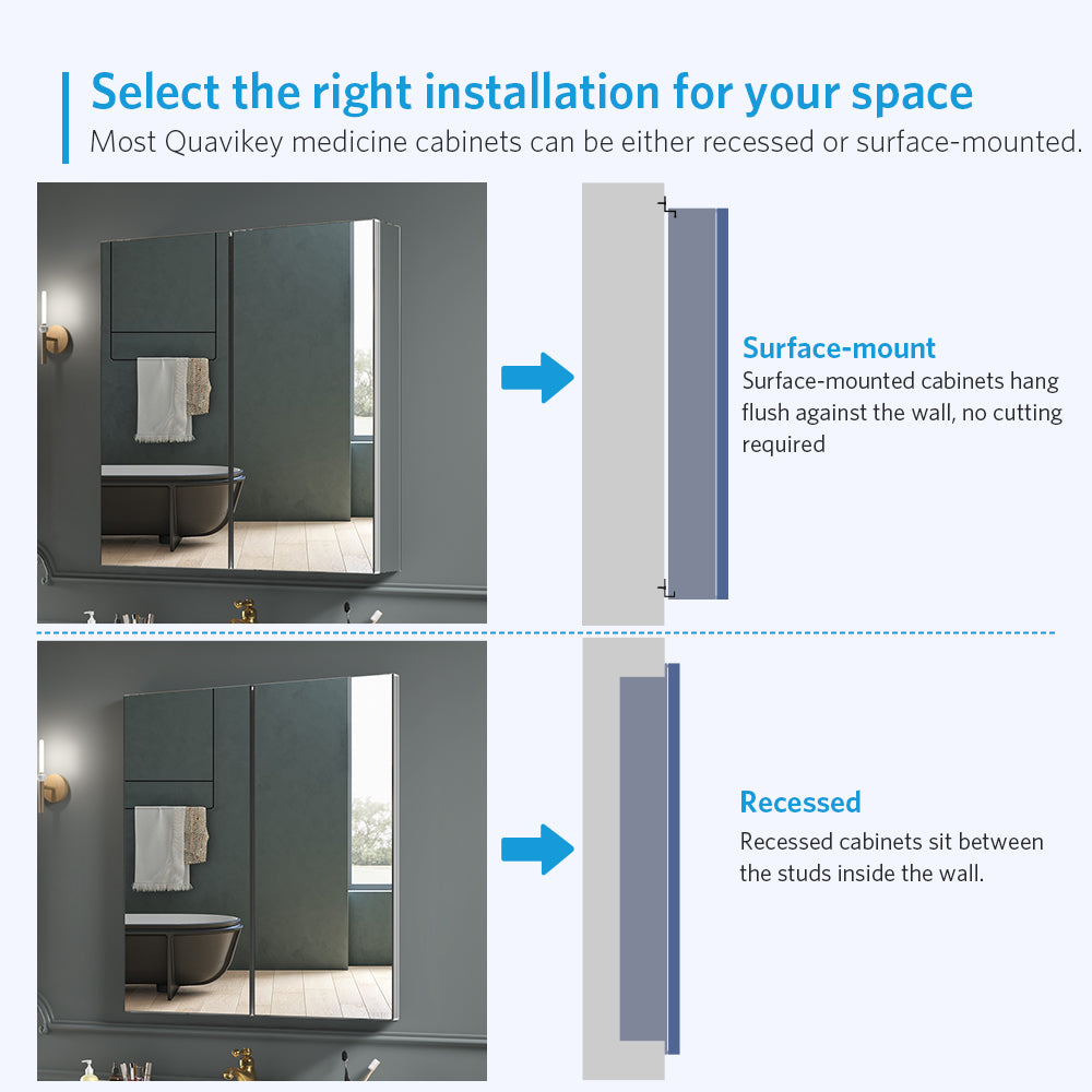 24"x26" Mirrored Medicine Cabinet for Bathroom 2 Door Recessed or Surface Mount, Silver Aluminum