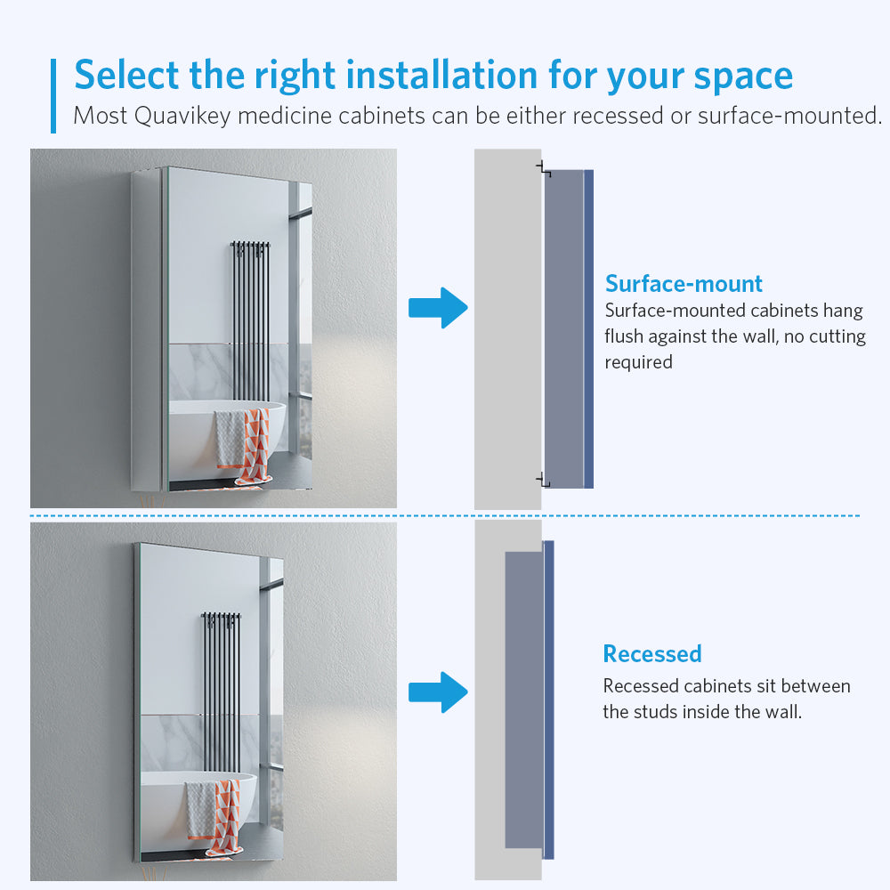 16"x26" Mirrored Medicine Cabinet for Bathroom Recessed or Surface Mount, Silver Aluminum