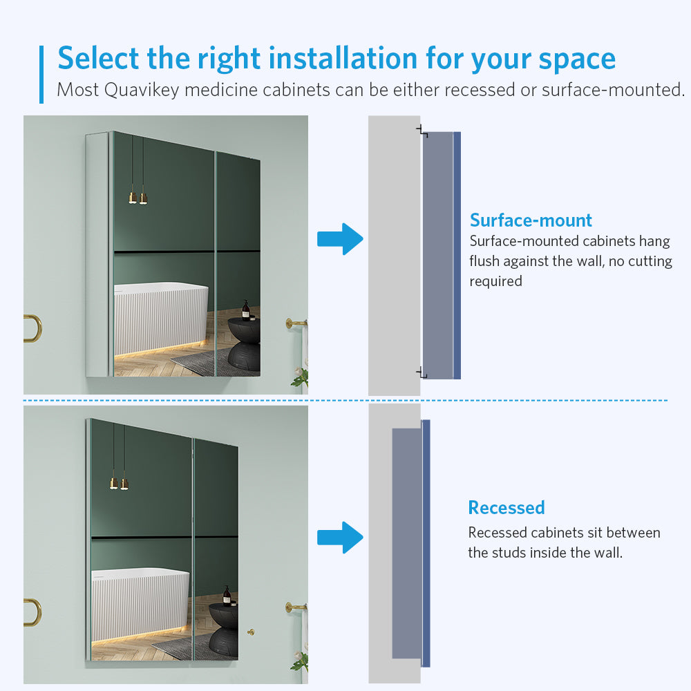 30"x30" Mirrored Medicine Cabinet for Bathroom 2 Door Recessed or Surface Mount, Silver Aluminum