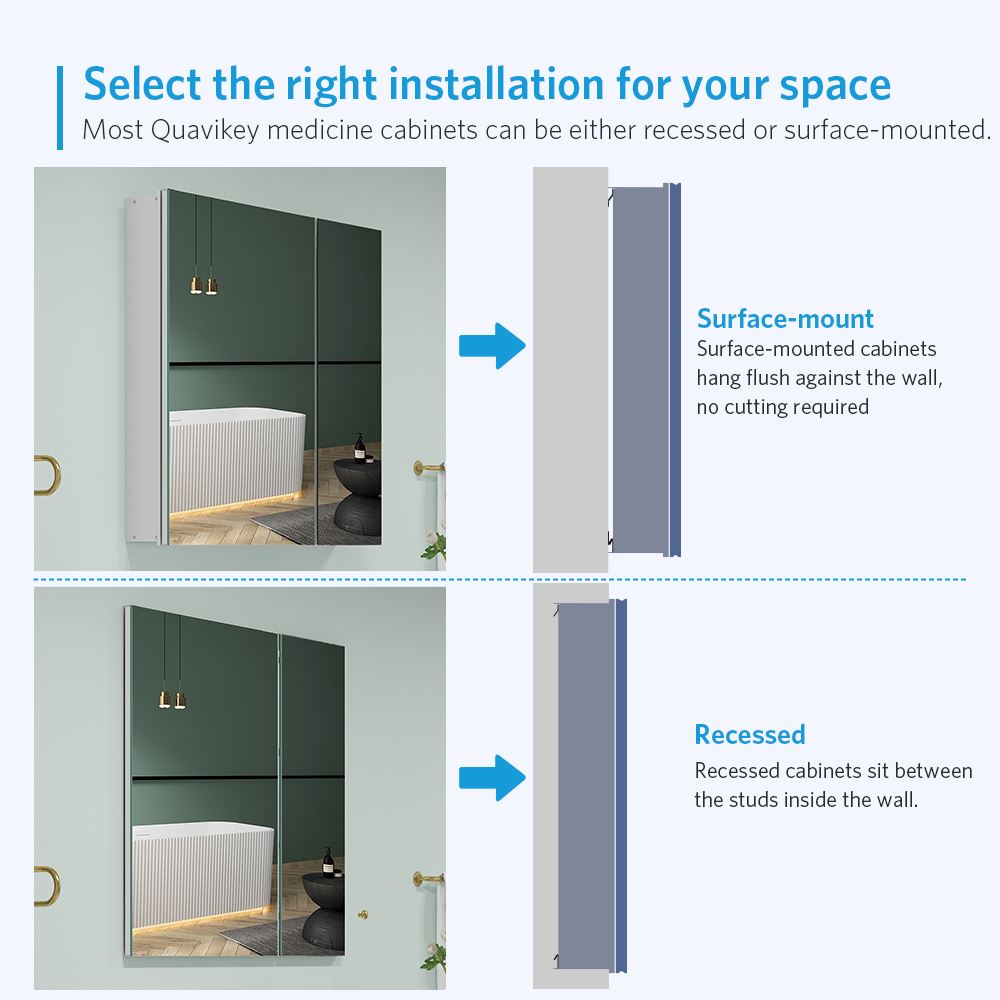 30"x30" Mirrored Medicine Cabinet for Bathroom 2 Door Recessed or Surface Mount, Silver Aluminum
