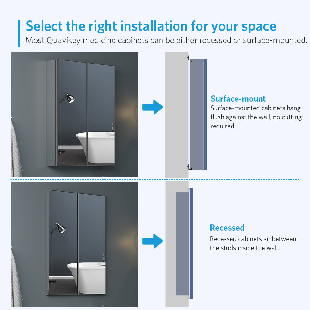 24"x30" Mirrored Medicine Cabinet for Bathroom 2 Door Recessed or Surface Mount, Silver Aluminum