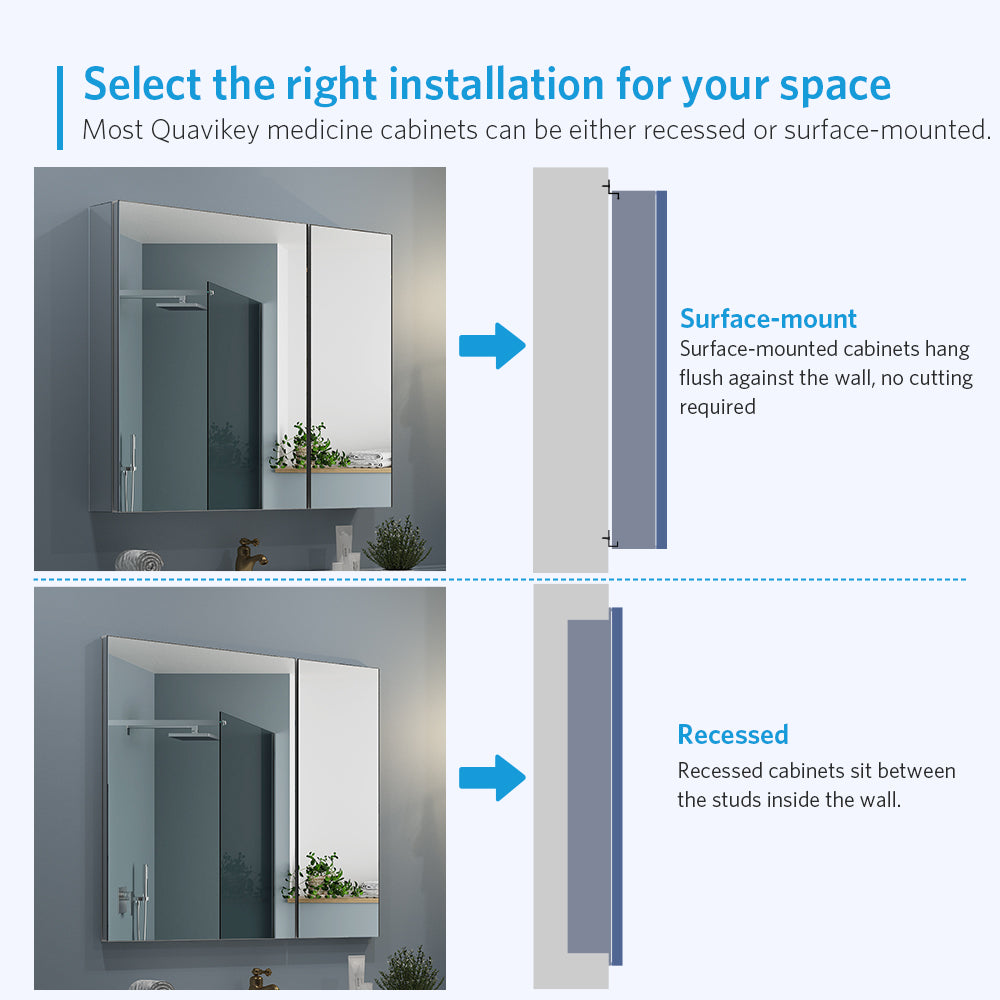 30"x26" Mirrored Medicine Cabinet for Bathroom 2 Door Recessed or Surface Mount, Silver Aluminum