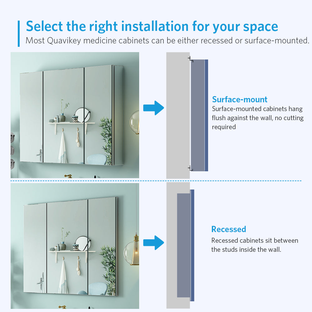 36"x26" Mirrored Medicine Cabinet for Bathroom 3 Door Recessed or Surface Mount, Silver Aluminum