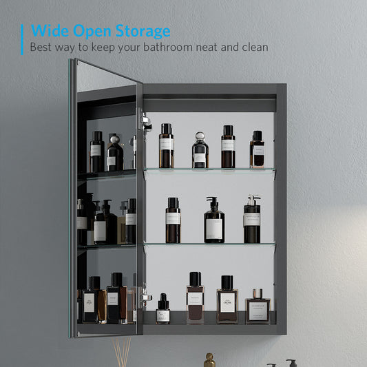 16"x26" Mirrored Medicine Cabinet for Bathroom Recessed or Surface Mount, Black Aluminum