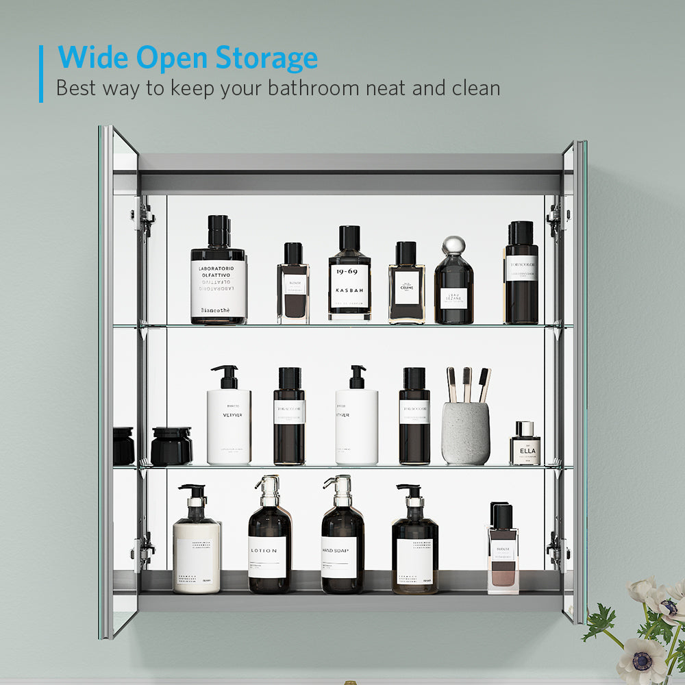 30"x30" Mirrored Medicine Cabinet for Bathroom 2 Door Recessed or Surface Mount, Silver Aluminum