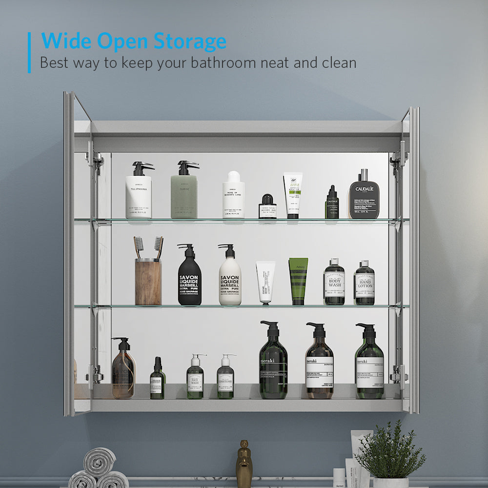 30"x26" Mirrored Medicine Cabinet for Bathroom 2 Door Recessed or Surface Mount, Silver Aluminum
