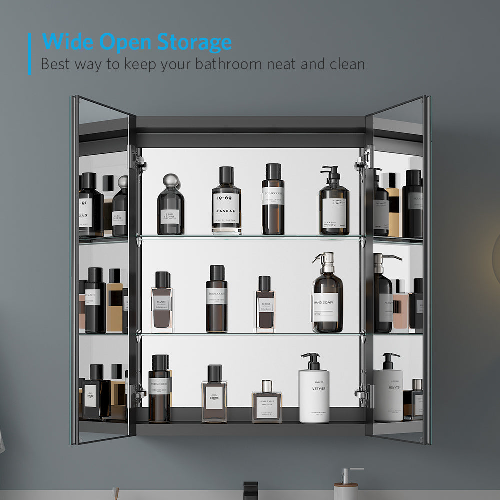 24"x30" Mirrored Medicine Cabinet for Bathroom 2 Door Recessed or Surface Mount, Black Aluminum