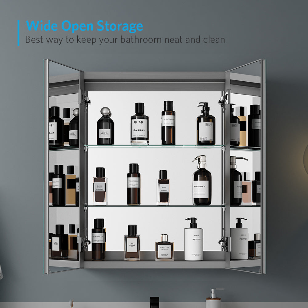 24"x30" Mirrored Medicine Cabinet for Bathroom 2 Door Recessed or Surface Mount, Silver Aluminum