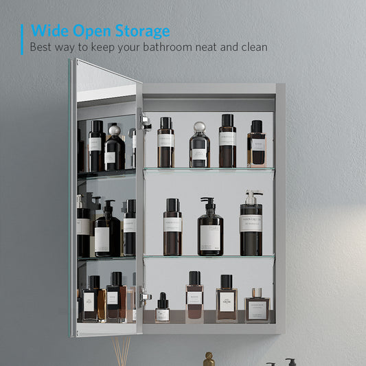 16"x26" Mirrored Medicine Cabinet for Bathroom Recessed or Surface Mount, Silver Aluminum