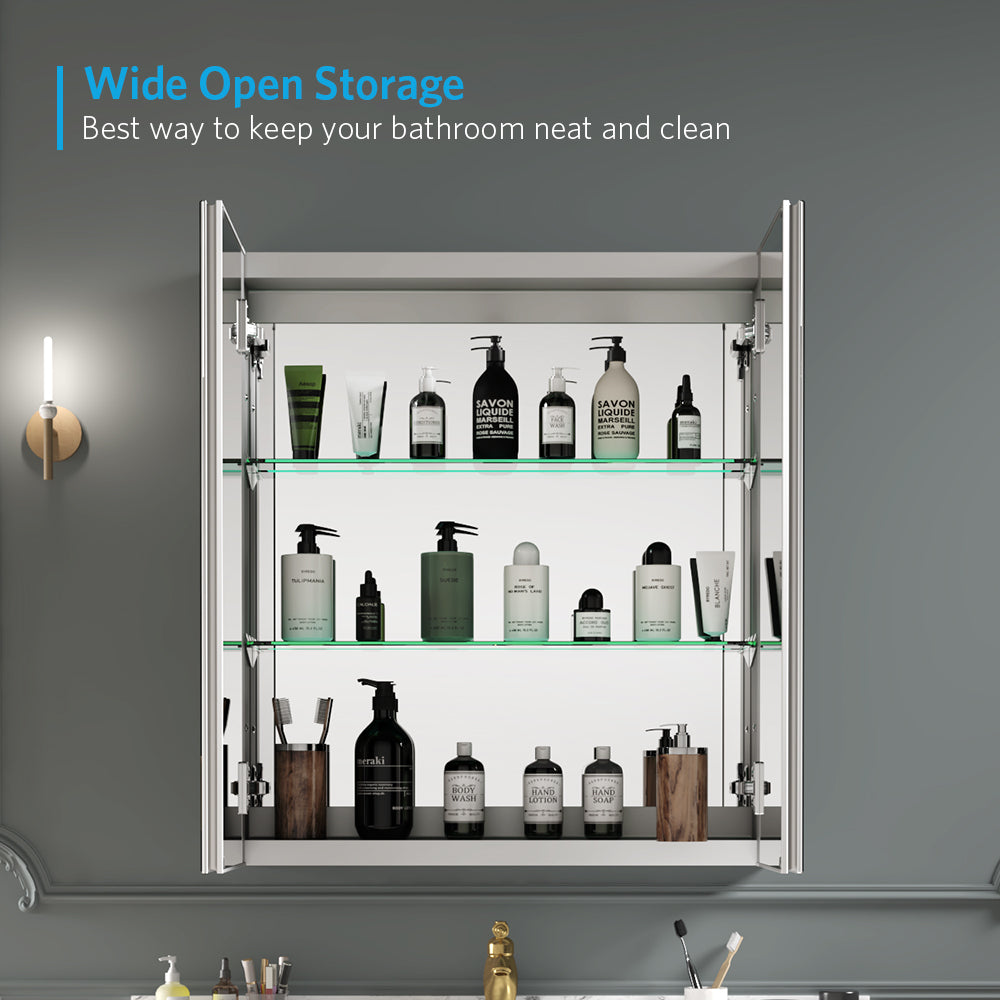 24"x26" Mirrored Medicine Cabinet for Bathroom 2 Door Recessed or Surface Mount, Silver Aluminum