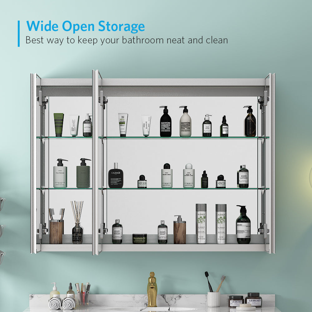 36"x26" Mirrored Medicine Cabinet for Bathroom 3 Door Recessed or Surface Mount, Silver Aluminum