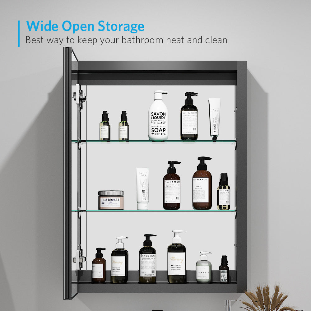 20"x26" Mirrored Medicine Cabinet for Bathroom Recessed or Surface Mount, Black Aluminum