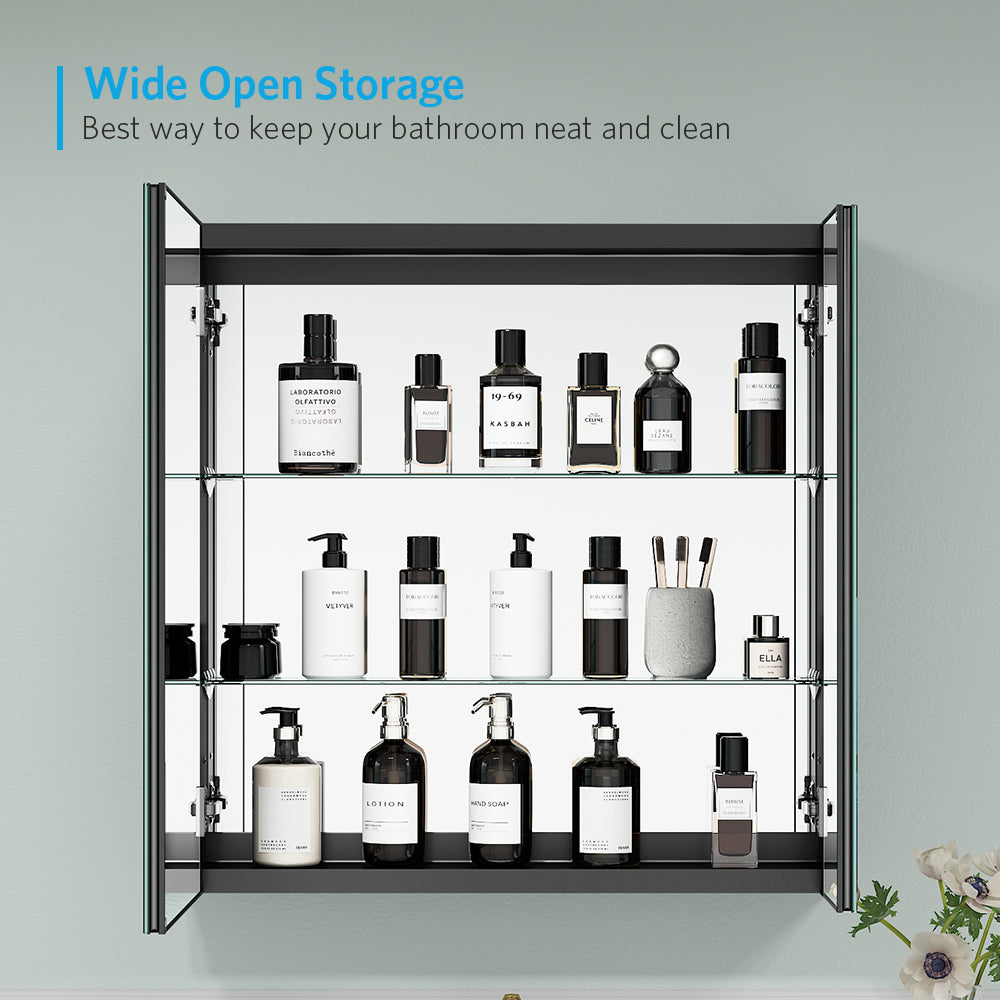 30"x30" Mirrored Medicine Cabinet for Bathroom 2 Door Recessed or Surface Mount, Black Aluminum