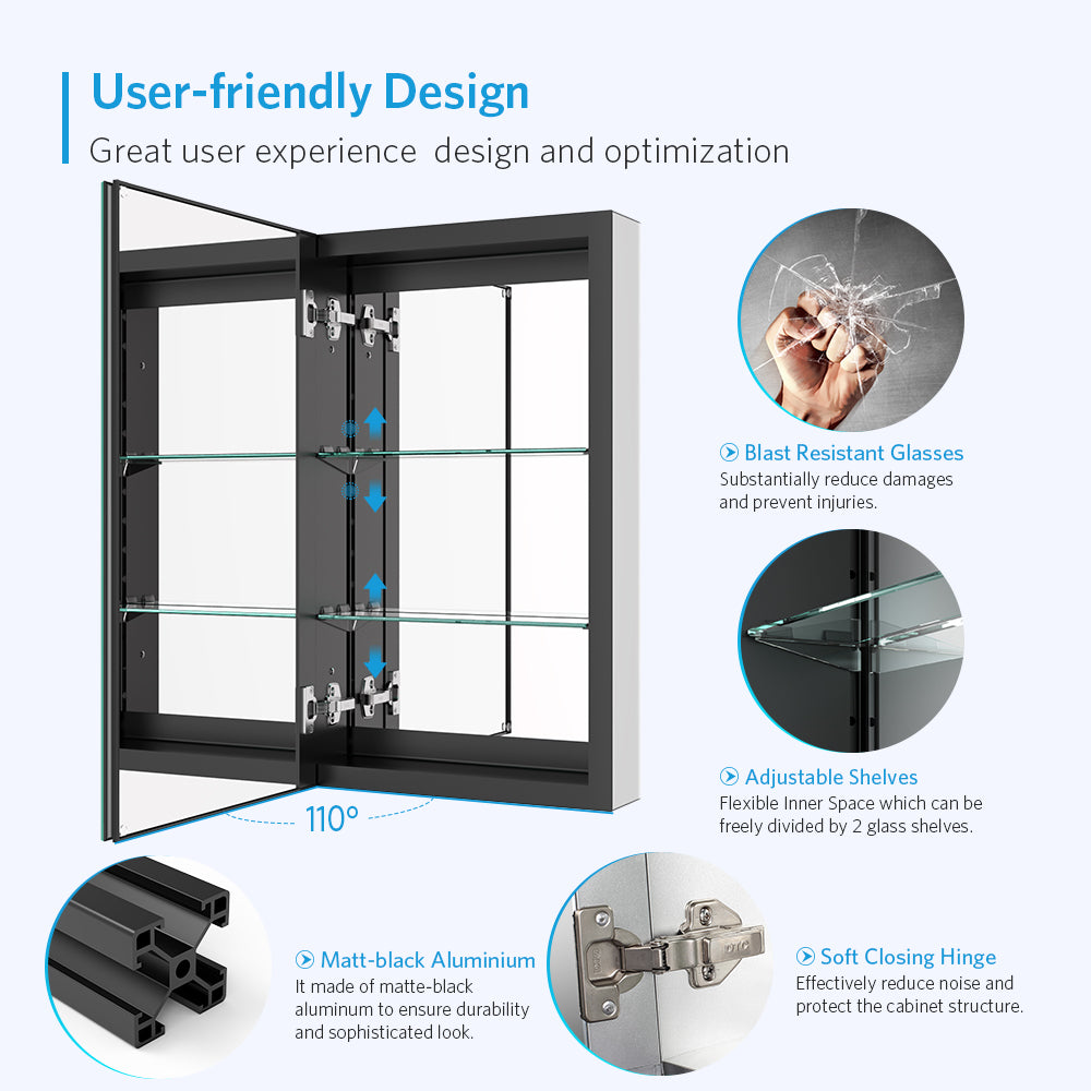 16"x26" Mirrored Medicine Cabinet for Bathroom Recessed or Surface Mount, Black Aluminum
