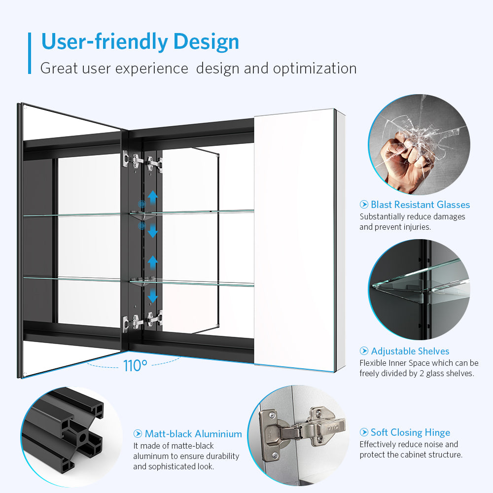 30"x30" Mirrored Medicine Cabinet for Bathroom 2 Door Recessed or Surface Mount, Black Aluminum