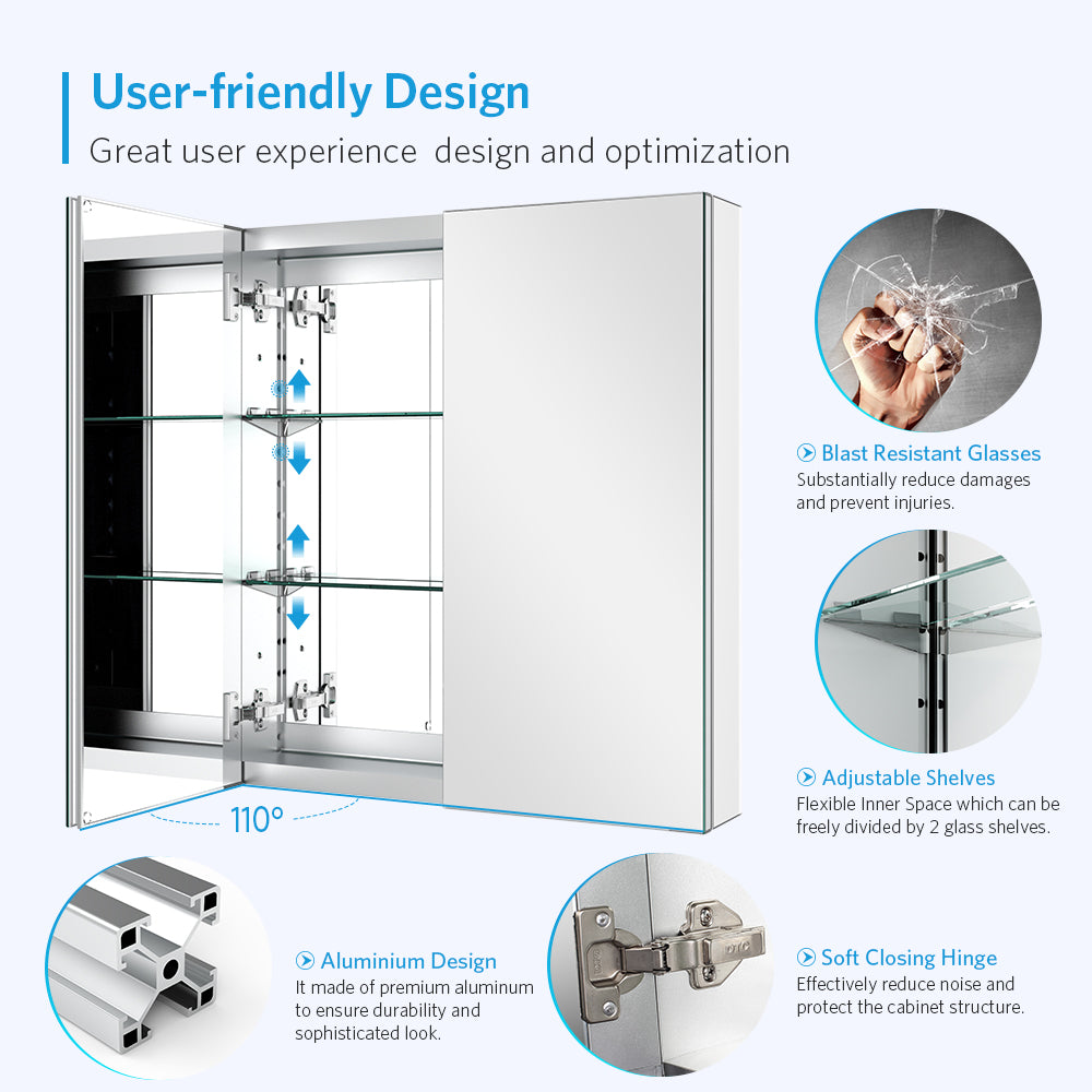 24"x26" Mirrored Medicine Cabinet for Bathroom 2 Door Recessed or Surface Mount, Silver Aluminum
