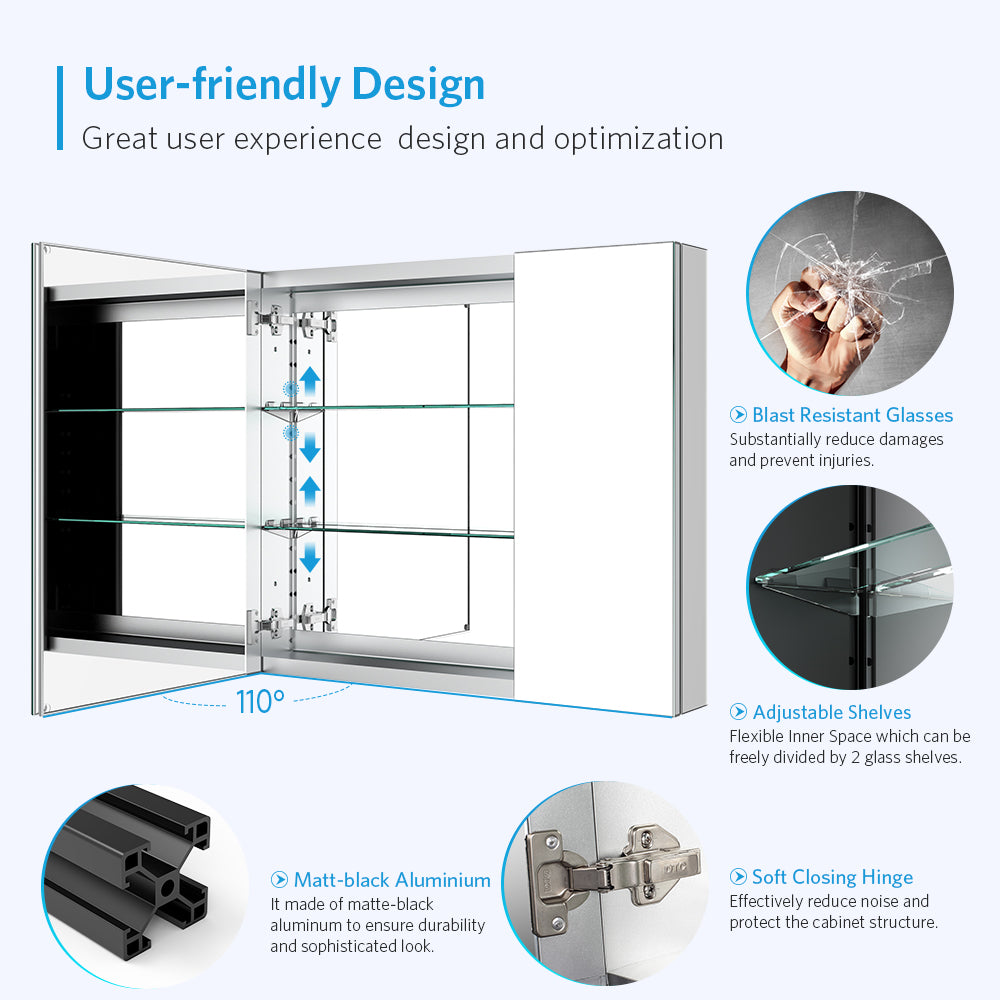 30"x26" Mirrored Medicine Cabinet for Bathroom 2 Door Recessed or Surface Mount, Silver Aluminum