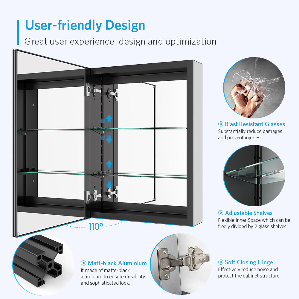 20"x26" Mirrored Medicine Cabinet for Bathroom Recessed or Surface Mount, Black Aluminum