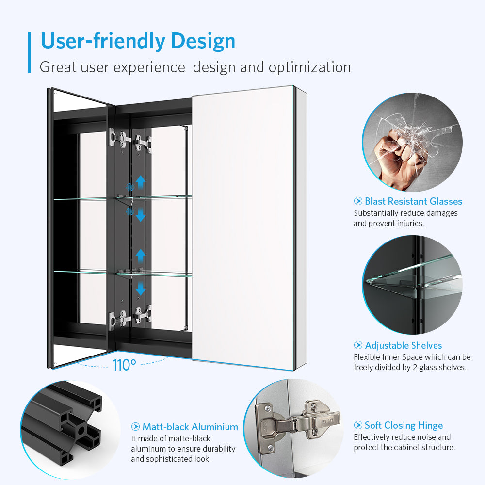 24"x30" Mirrored Medicine Cabinet for Bathroom 2 Door Recessed or Surface Mount, Black Aluminum