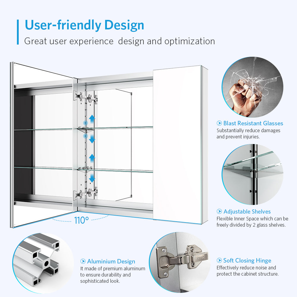 30"x30" Mirrored Medicine Cabinet for Bathroom 2 Door Recessed or Surface Mount, Silver Aluminum